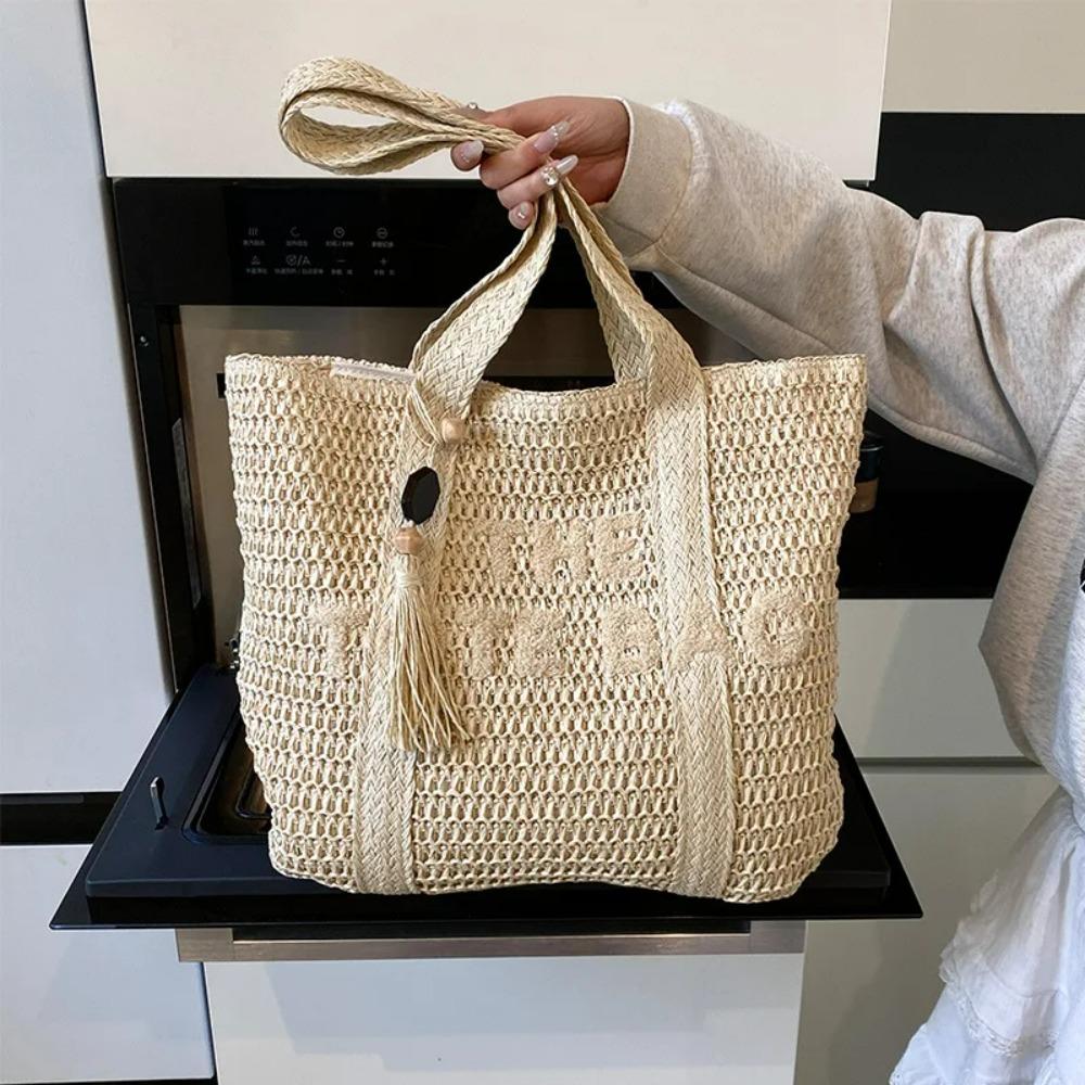 Große strohgewebte Tragetasche im französischen Stil für Damen, lässige Strandtasche, Umhängetasche