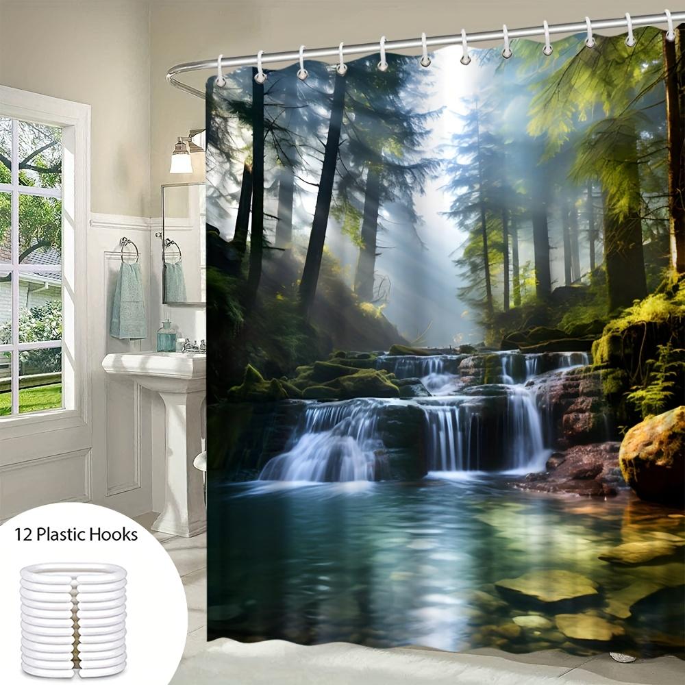

Waterproof Shower Curtain Featuring a Tranquil Forest Waterfall Scene for an Invigorating and Relaxing Bathroom Atmosphere W90XH180cm