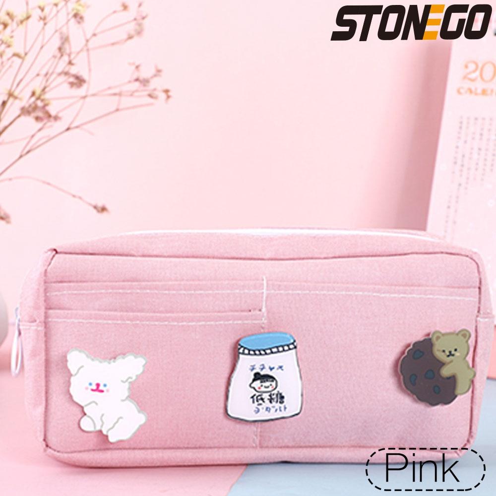 

STONEGO Canvas Pencil Case Cute Animal Badge Pink Pencil Cases Large School Pencil Bags for Maiden Girl Stationery рожевий