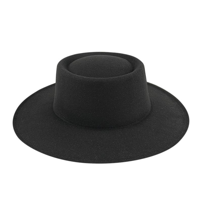 British style solid color big brim flat top top top hat French fashion jazz flat top woolen hat autumn and winter felt hat