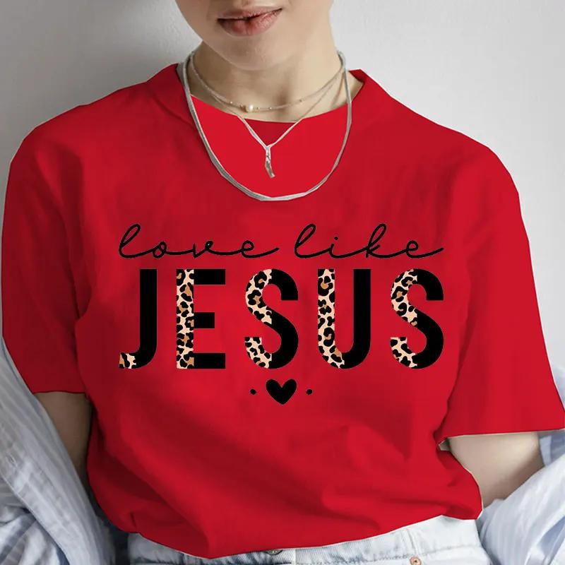 Christian Tee Shirt Femme Love Like Jesus Shirt for Women Jesus Leopard Print Design Unisex Shirt Short Sleeve Clothes for Women