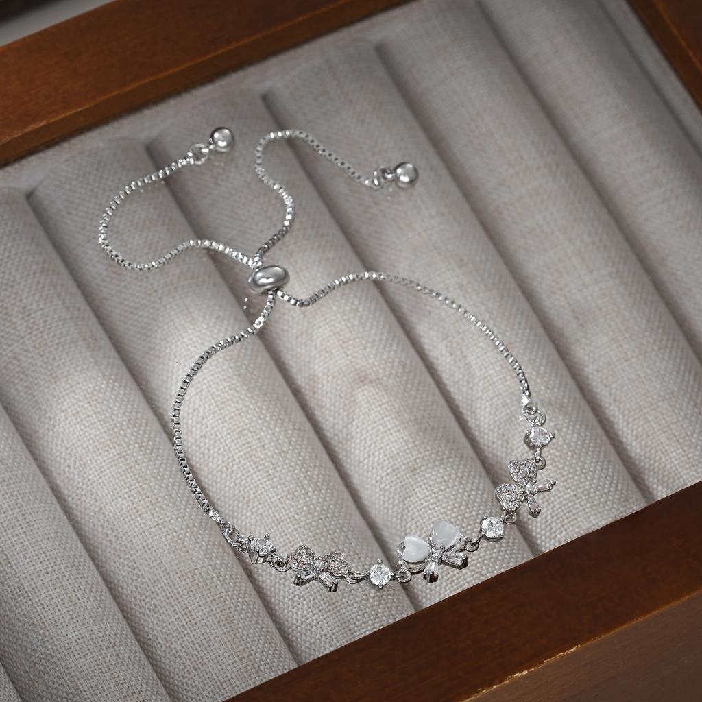 Elegant Cat's Eye Stone & Bowknot Charm Bracelet for Women, Adjustable Sliding Crystal Bracelets with CZ, Luxury Jewelry