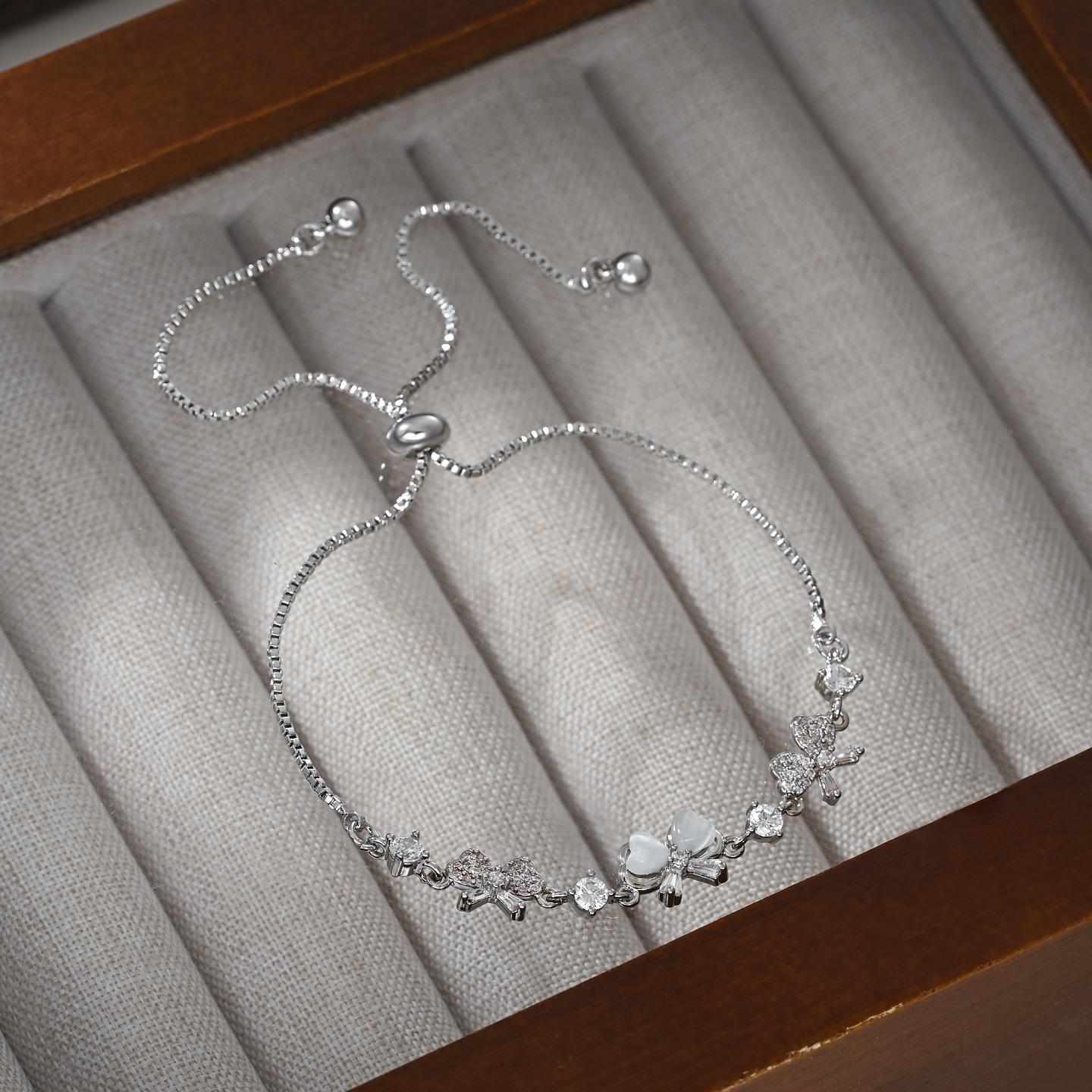 

Элегантный браслет с камнем «кошачий глаз» и подвеской в виде бантика для женщин, регулируемые скользящие хрустальные браслеты с кубическим цирконием, роскошные украшения