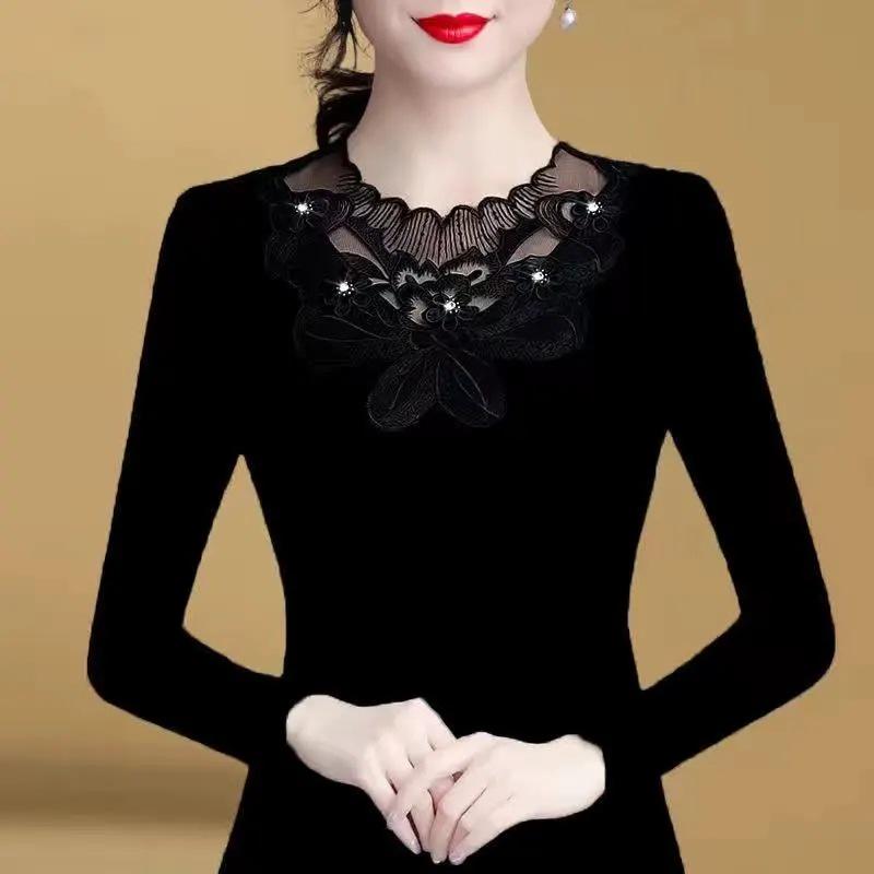 Korejské krajkové síťované tričko s dlouhým rukávem s diamantovým vzorem pro ženy - 2022 Podzim/Zima Trendy styl