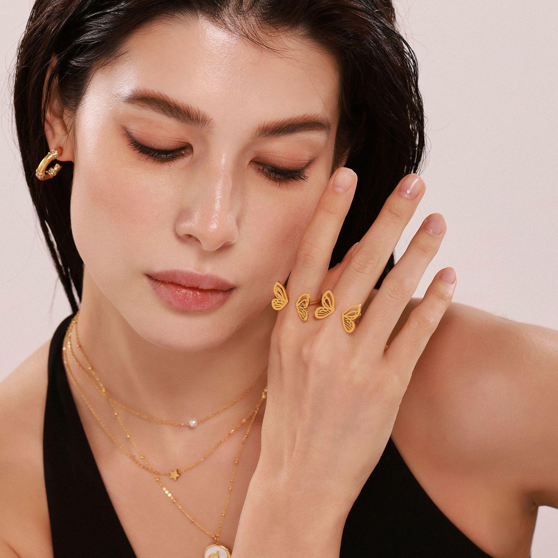

Mi Duoduo 18k Gold Geometric Butterfly Open Ring for Women - Unique Design, Non-Fading Size 7