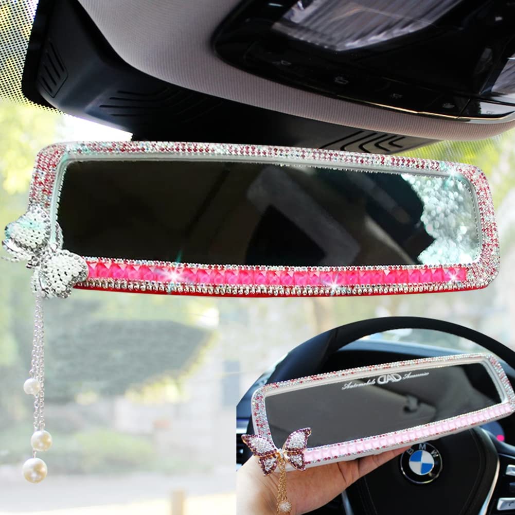 HIGHAWK Mirror Rear View Mirror Rearview Mirror Artificial Diamond Women's Glitter Type Car Room Mirror Decoration Car Interior Accessories (Ligh