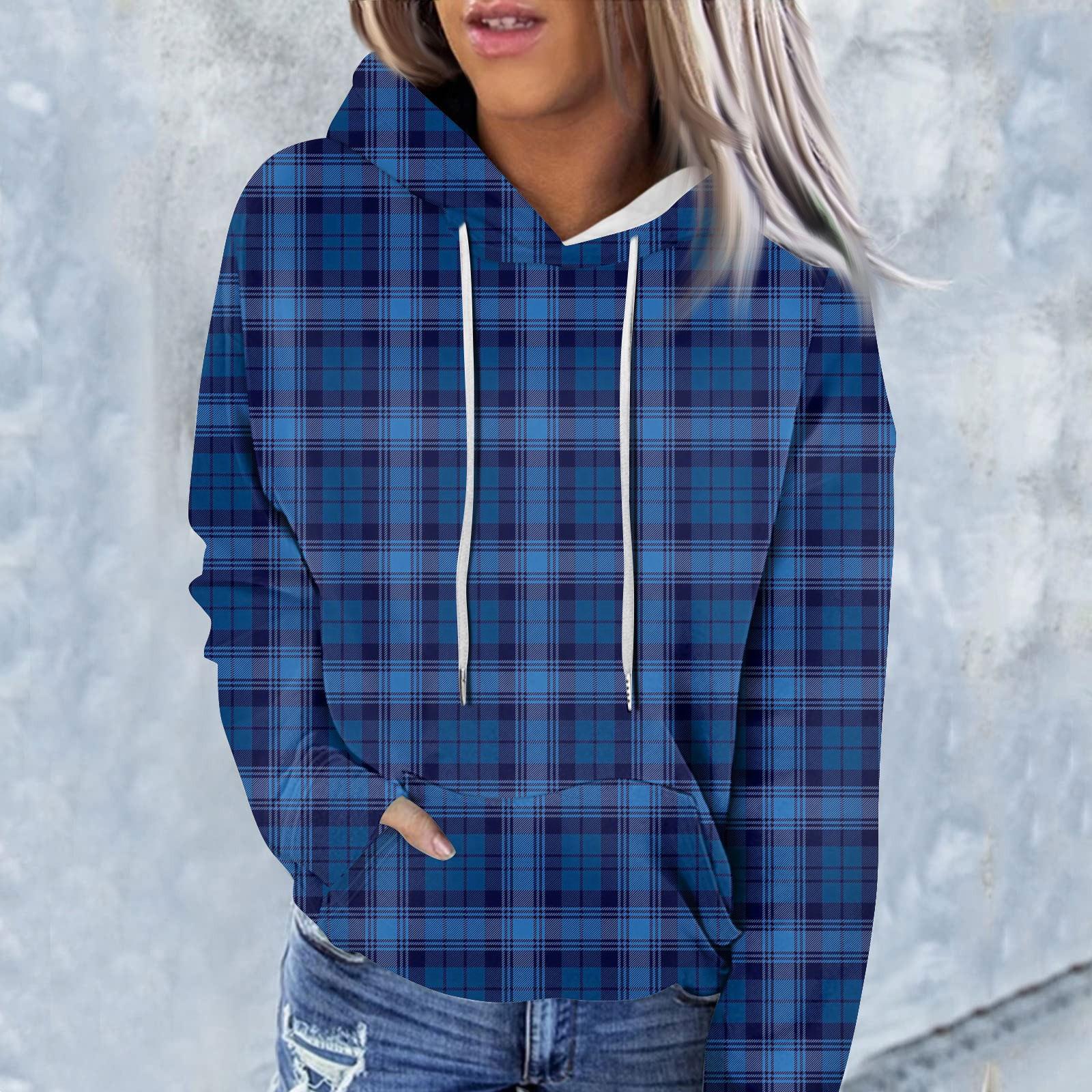 

Женская модная повседневная толстовка с капюшоном и длинным рукавом в клетку M темно-синий