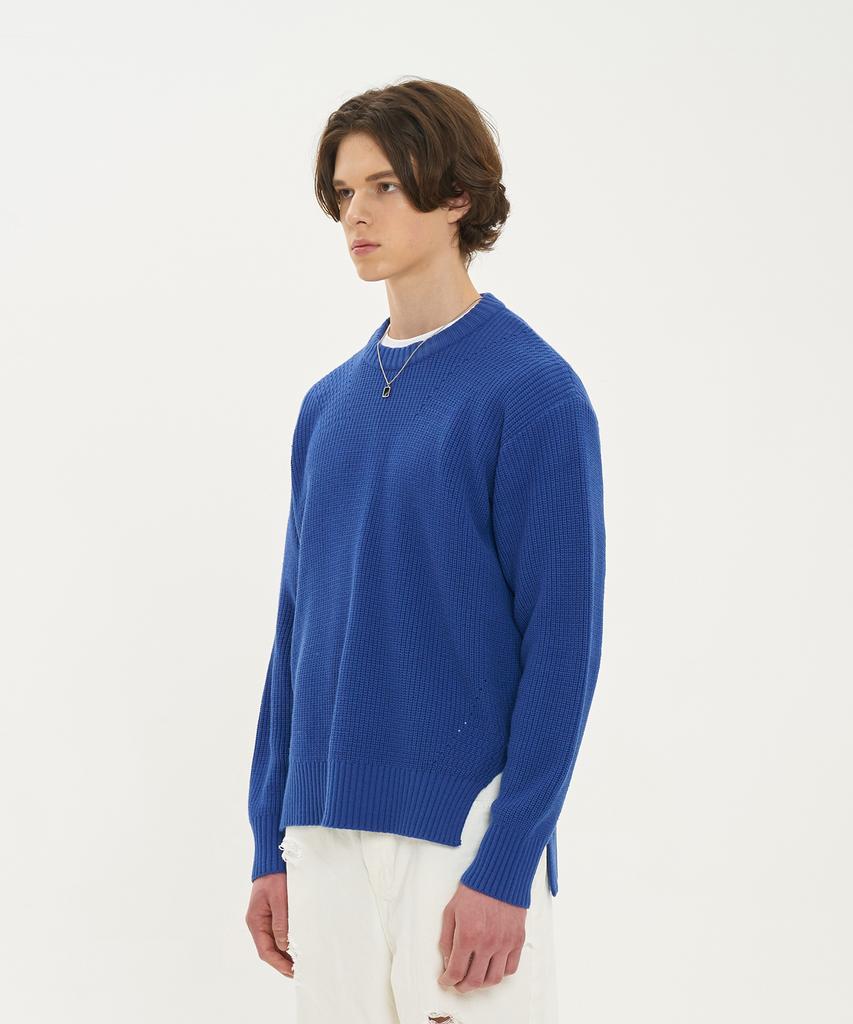 BLOND9 Asymmetrical Wool Crew Neck Pullover_Cobalt Blue
