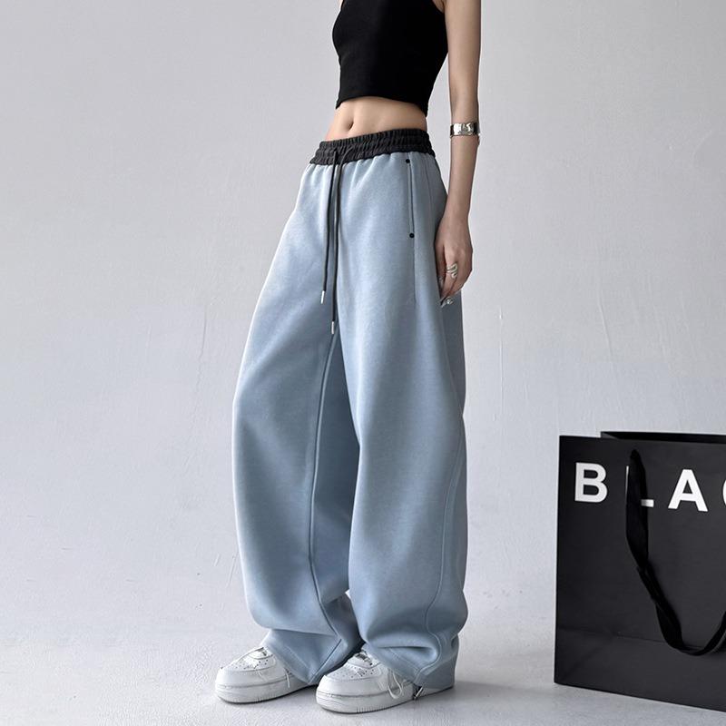 Retro Waist Splicing Casual Pants Women's Spring New Elastic Waist High Waist Straight Pants Versatile Wide-leg Sweatpants