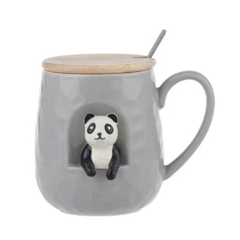 3D Kawaii Tierform Kaffeetasse 430ml - Katze Hund Kaninchen Panda Keramik Trinkgeschirr mit Deckel und Löffel für Milch Saft Tee 401-500ml licht grau