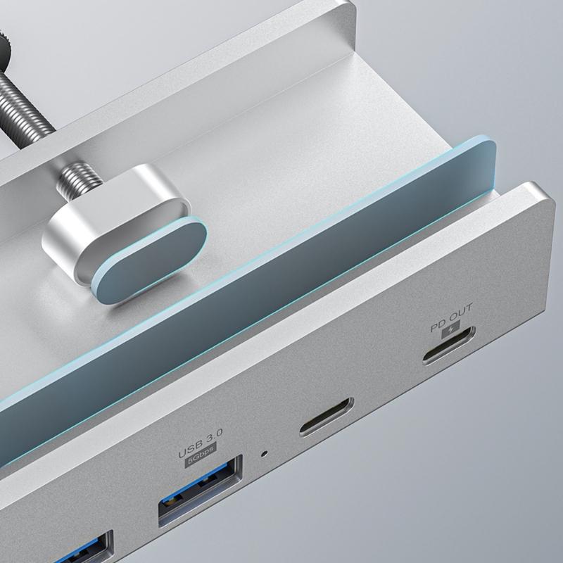 4 Port Aluminum External Dock Station USB3.0 Type C Clip HUBs with Power Supply Card Slot 5Gbps Data Transmission