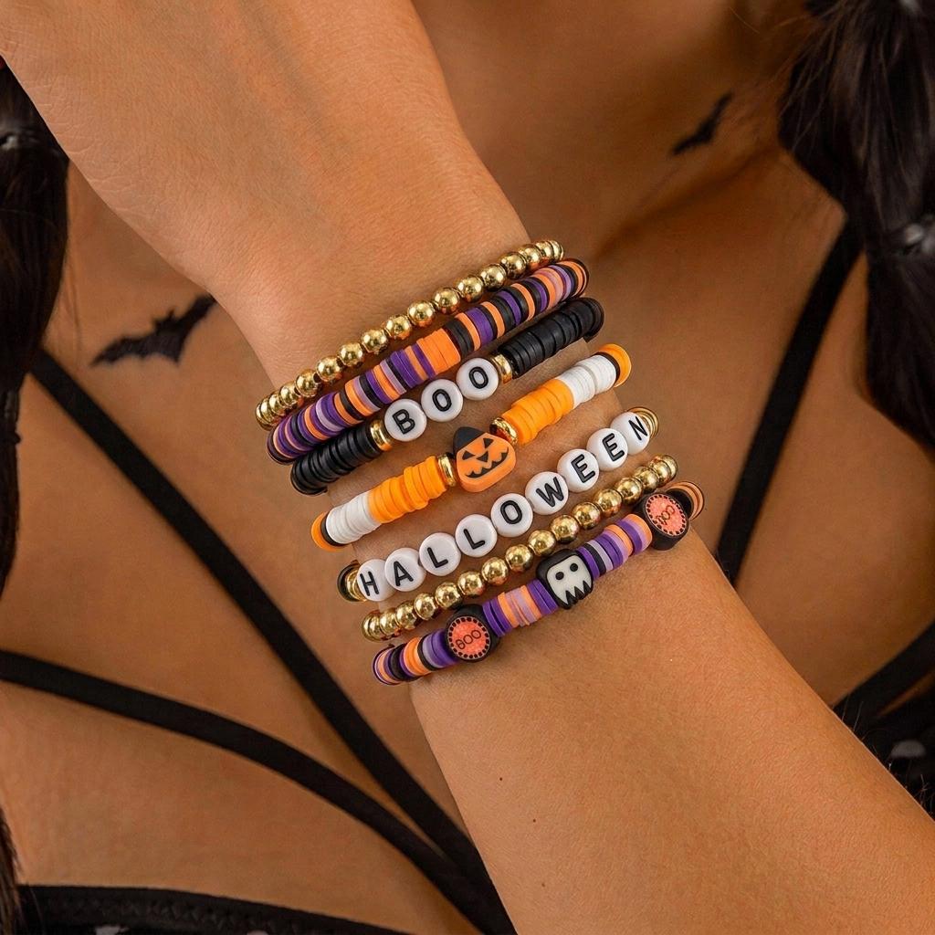 Halloween Multilayer Stretch Bracelets For Women BOO Letter Ghost Pumpkin Clay Beads Stretch Bangles Party Costume Charm Jewelry