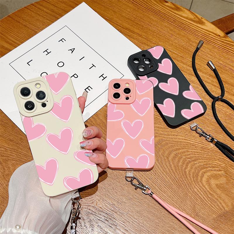 Full Screen Love Heart Lanyard Strap Phone Case For iPhone 15 14 13 12 11 Pro Max X XS XR 7 8 Plus SE  Silicone Soft Cover