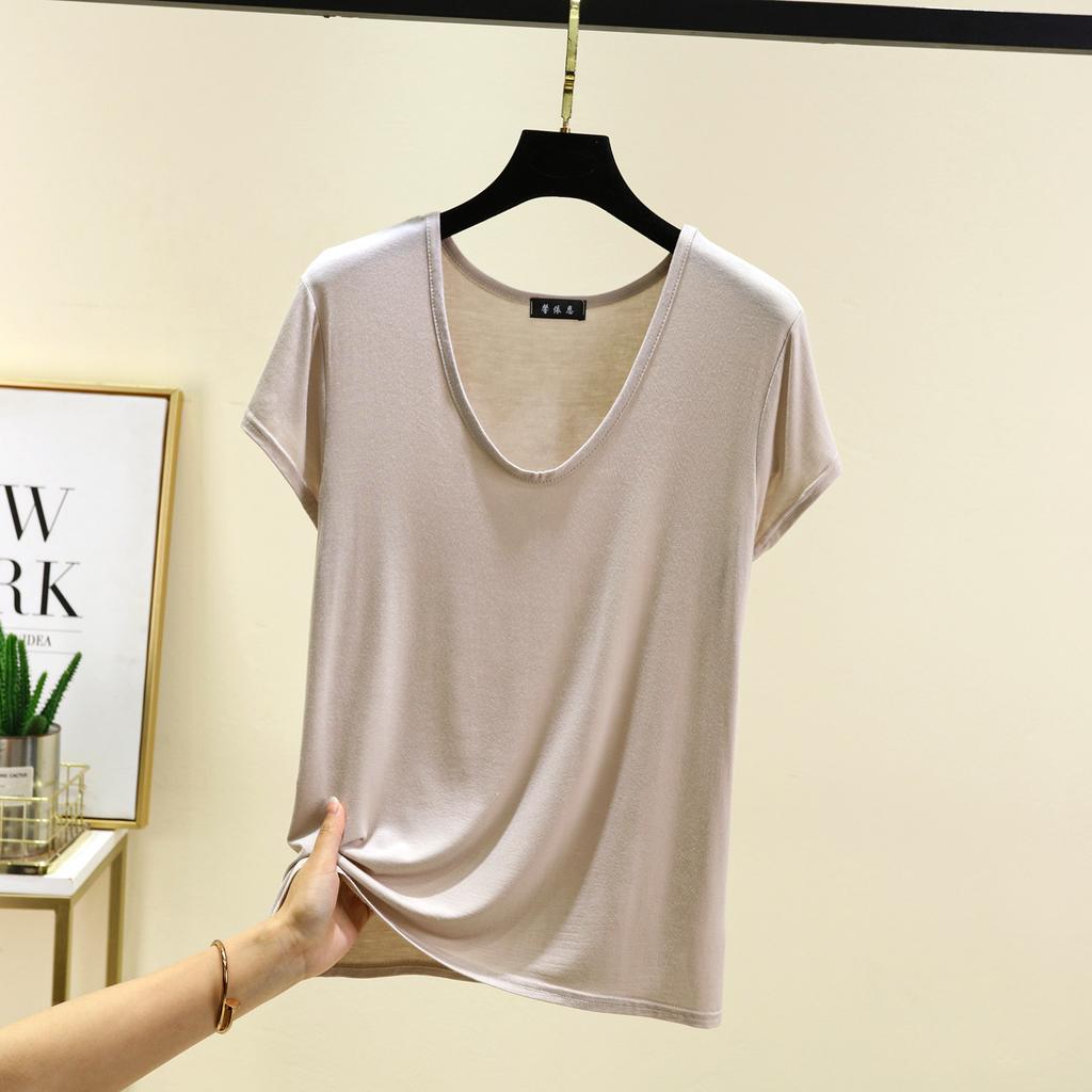 Plus Size M To 6XL U-Neck Women's Tshirt Short Sleeves Modal T-shirts Thin Bottomed Tees Solid Color Loose Tee Tops All Match