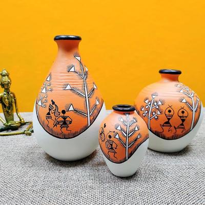 Jarrón de Flores Oblongo de Terracota Pintado a Mano|Terracota Decorativo Para Decoración del Hogar Jarrones de Flores de Tierra Macetas Para Hogar y Oficina(Juego de 3)