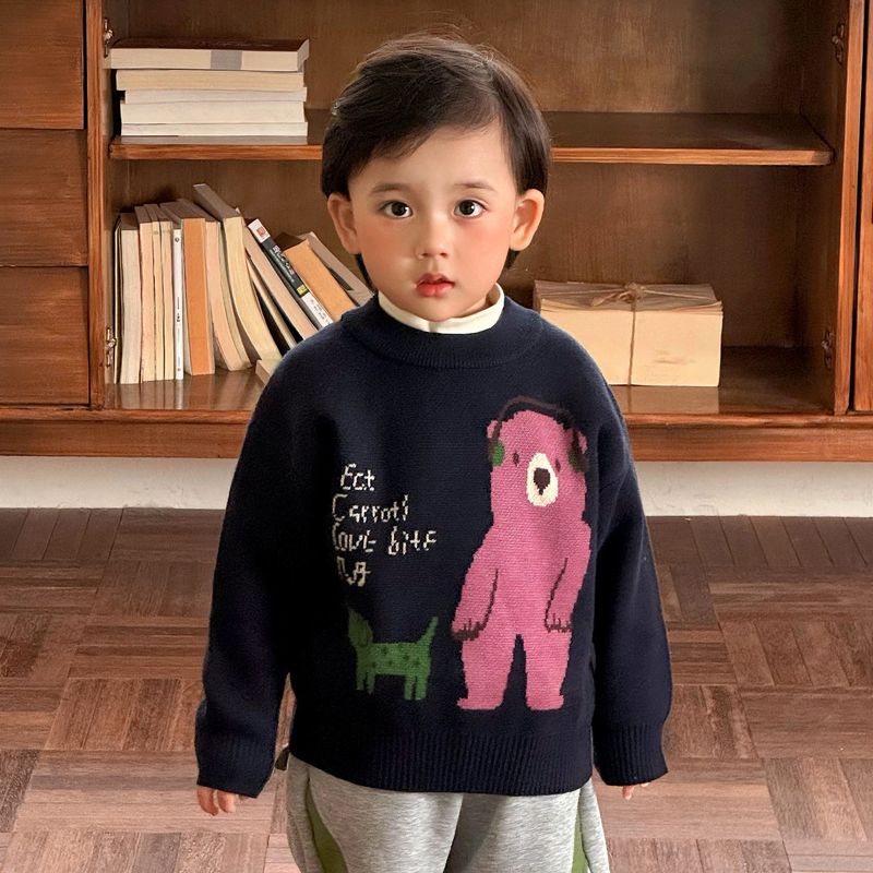 Boys' Fleece Sweater for Autumn and Winter, Thickened Round-Neck Knitwear for Children, Baby Base Shirt, Children's Clothing, Girls' Knitwear