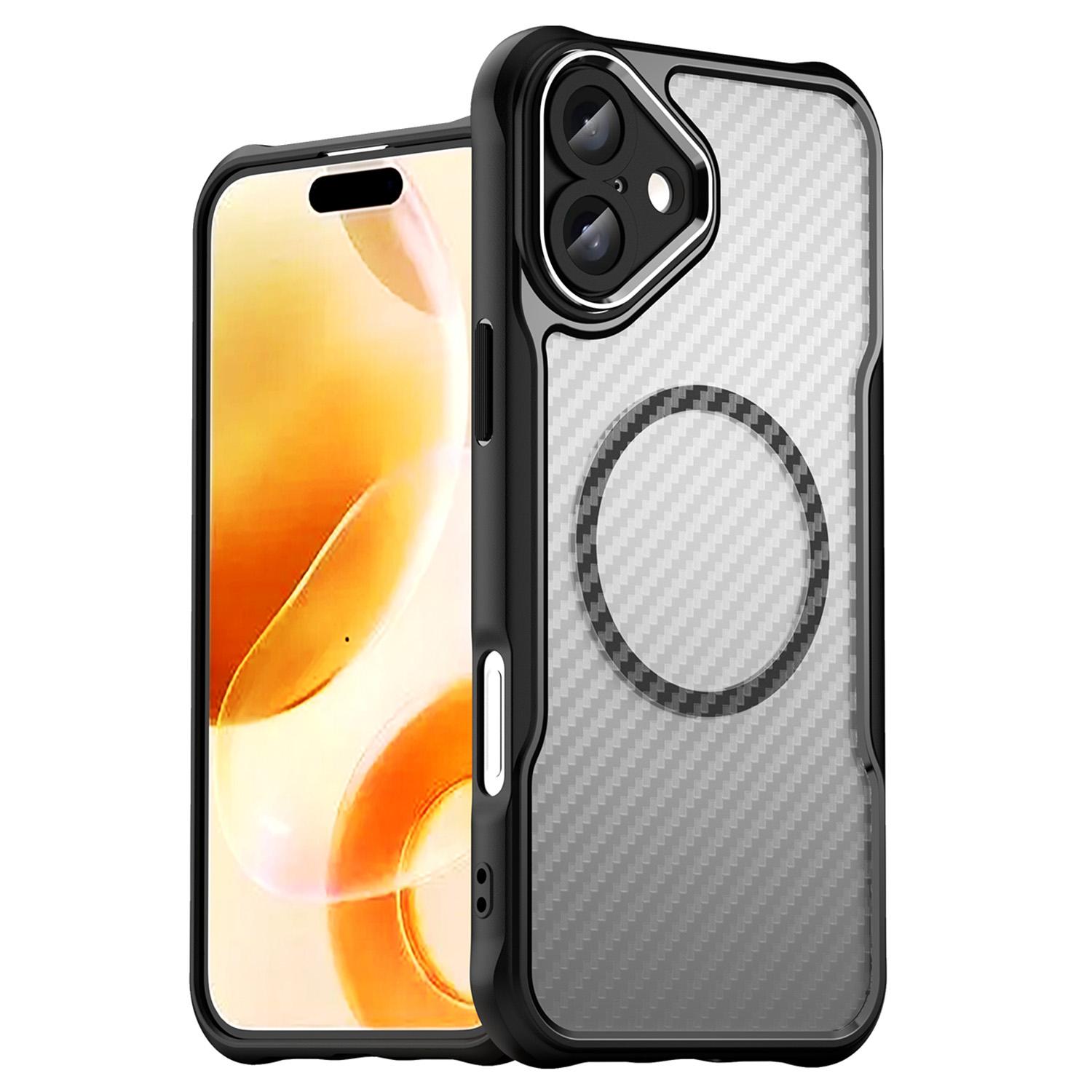 

For iPhone 16 Plus Magnetic Case TPU+PC Phone Cover Carbon Fiber Texture Black