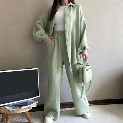 2 Pcs/Set Women Shirt Pants Set Turn-down Collar Single-breasted Long Sleeves Loose Top Elastic Waist Wide Leg Trousers Sport Tracksuit