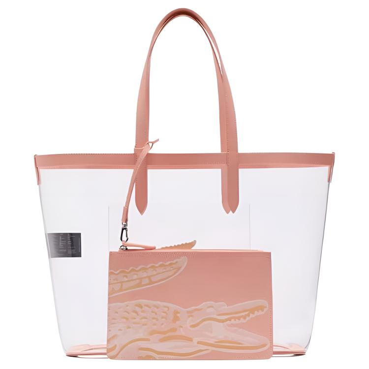Lacoste Crocodile Logo Print PVC Tote Bag Shopping Bag Shoulder Bag Large Transparent Pink Women tote bags NF5326AS Transparent  Pink