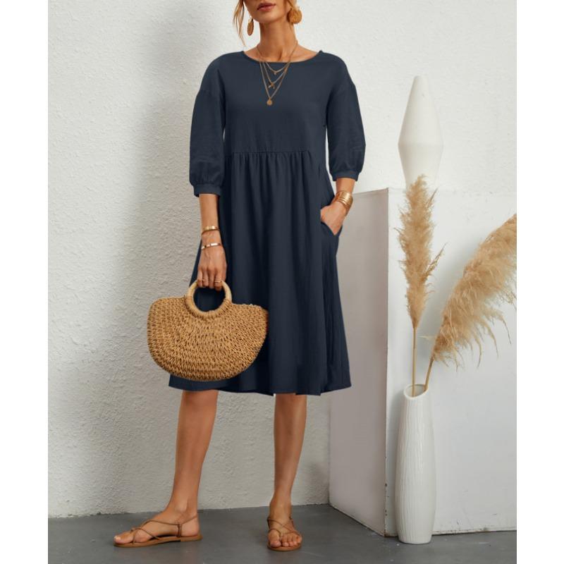 New Women's Solid Color Fashionable Sleeve Loose Cotton Linen Dress