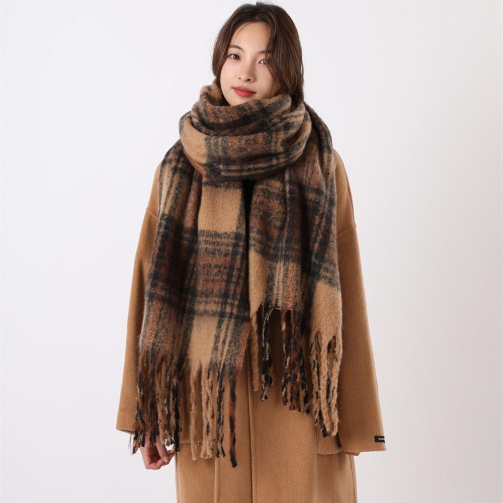 Mohair Plaid Wool Scarf Plush Long Shawl Elegant Winter Cashmere Scarves  Autumn Winter