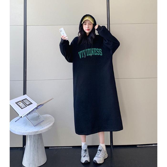 

Korean Style Casual Trendy Girls Winter Plus Velvet Hooded Dress with Slit One Size