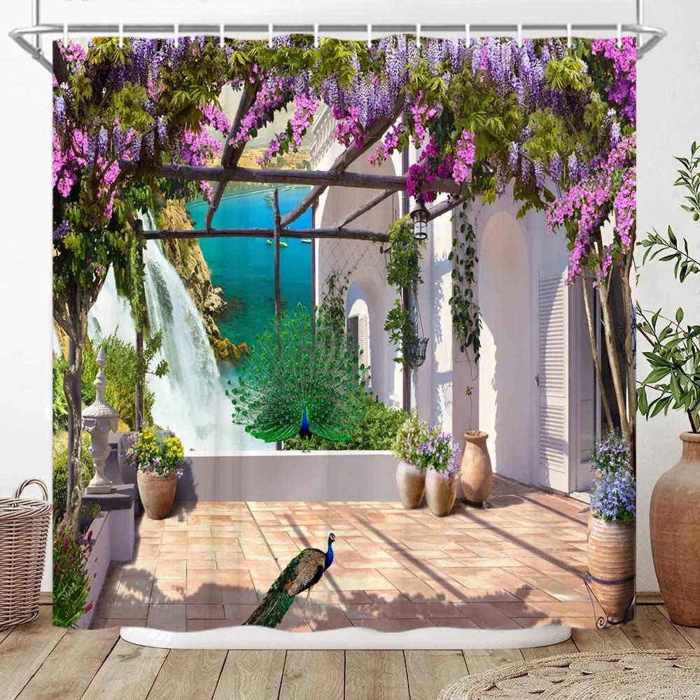 

3D Roman Column Palace Sea View Shower Curtain Green Palm Tree Lake Landscape Bathroom Decor Bath Curtain Polyester Fabric Hooks 210x180cm-83x70in