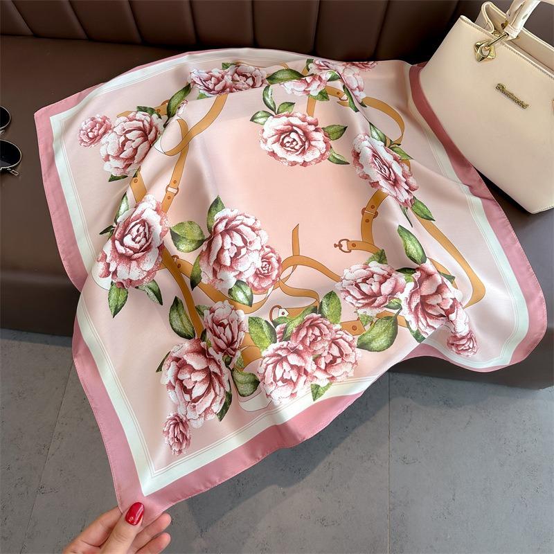 68cm Rose Printed Square Scarf Women's Spring and Summer Thin Imitation Silk Scarf High-end Versatile Headscarf Scarfs Shawl