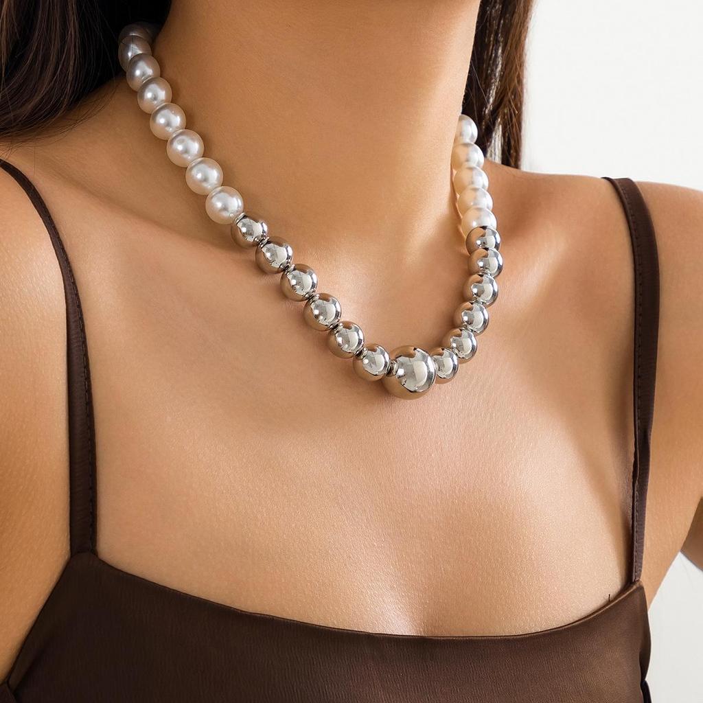 European & American Punk Color-Block Round Bead Imitation Pearl Necklace Set - Women's Geometric Statement Jewelry