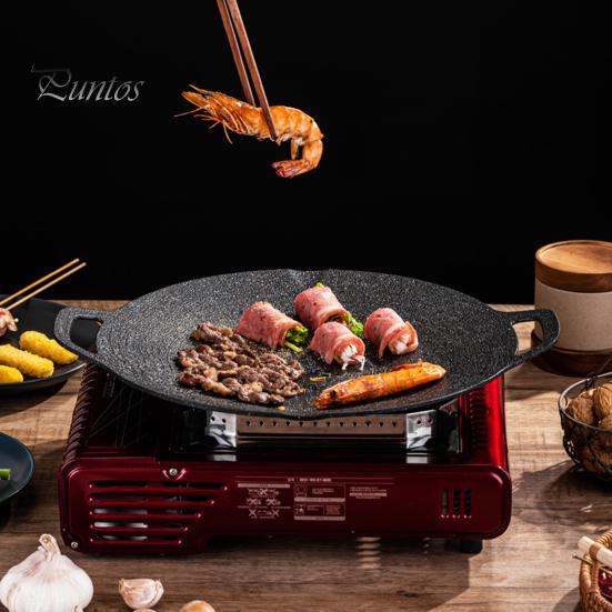 Korejská BBQ grilovací pánev s nepřilnavým kulatým pekáčem pro vnitřní vaření, grilovací plech s rukojeťmi, litinová pánev pro domácí kempování
