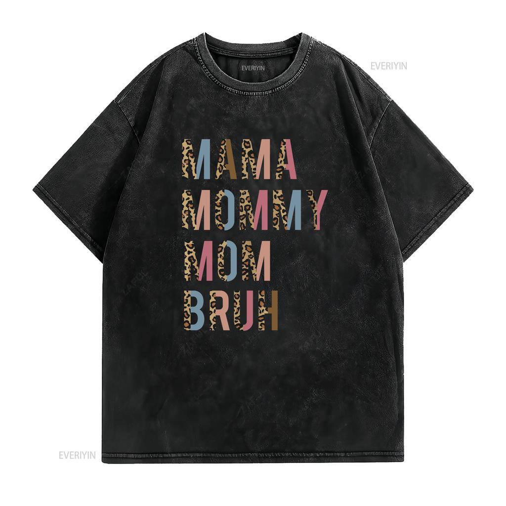 Funny Mom Life Leopard Print Spliced Color Letter Mama Mommy Bruh Casual Streetwear T Shirt Vintage Washed Slightly Fashion