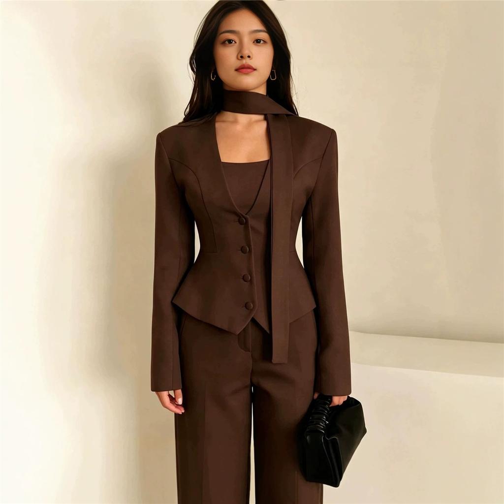 Damen V-Ausschnitt Schlanker Blazer Mit Schal-Dekoration Langarm Einfarbig Elegant Büro Geschäftsanzug Jacke