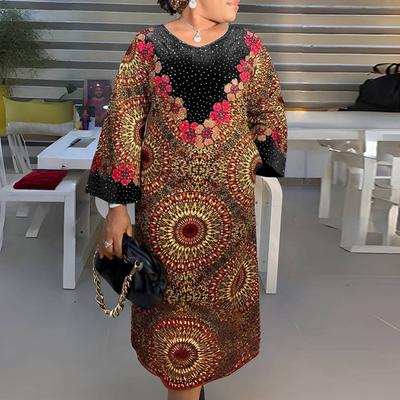 Women Plus Size Round Neck Long Sleeve Floral Print Dresses