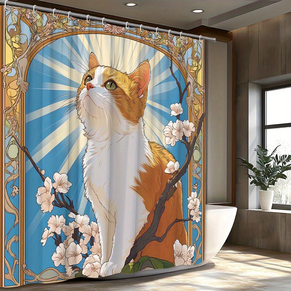 1pc Art Nouveau Cat Shower Curtain - Opulent Orange Tabby with Green Eyes, White Flowers & Gold Frames on Blue W90XH180cm