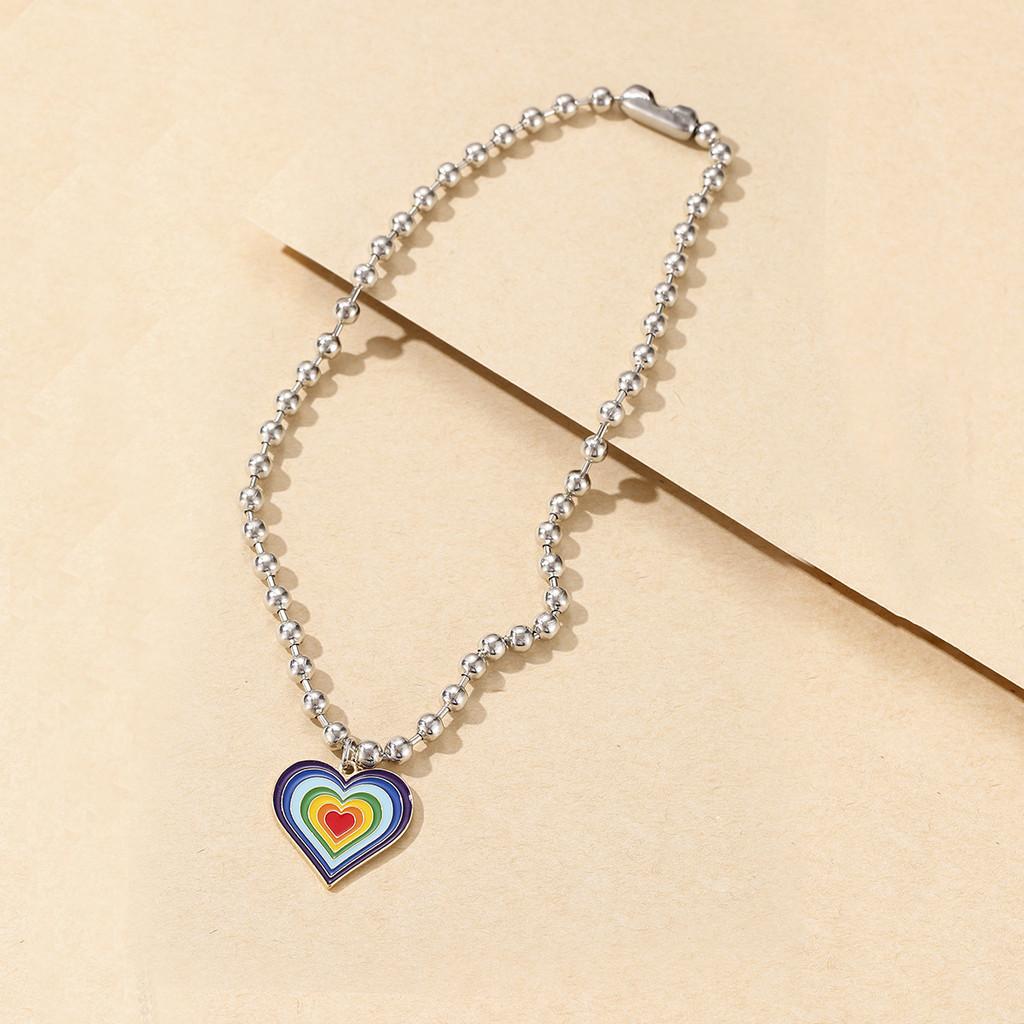 Stylish Multicolor Heart Pendant Necklace With Trendy Beaded Chain For Women