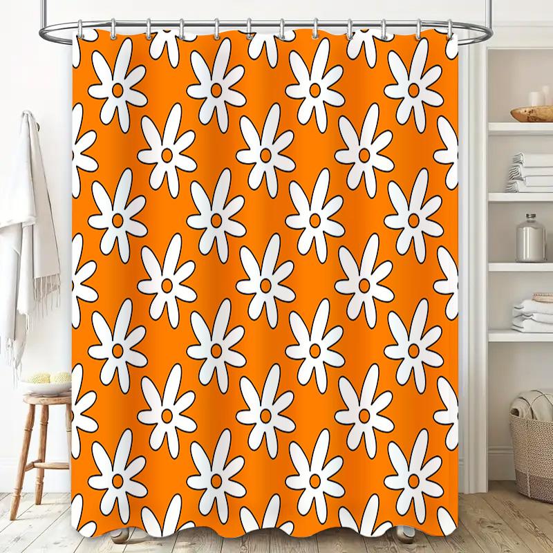 Orange Shower Curtain with White Flower Pattern: Waterproof Bathroom Decor for Kids' Bathrooms or Master Baths Polyester Fabric,