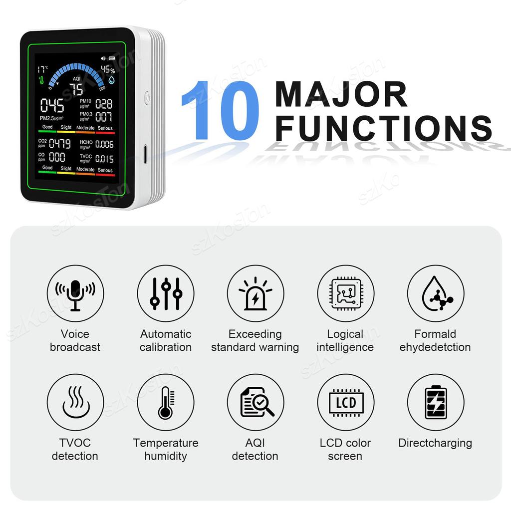 10 In 1 Air Quality Monitor PM2.5,CO₂,HCHO,TVOC,CO,Temperature and Humidity Multi-functional Air CO2 Sensor with Display Screen