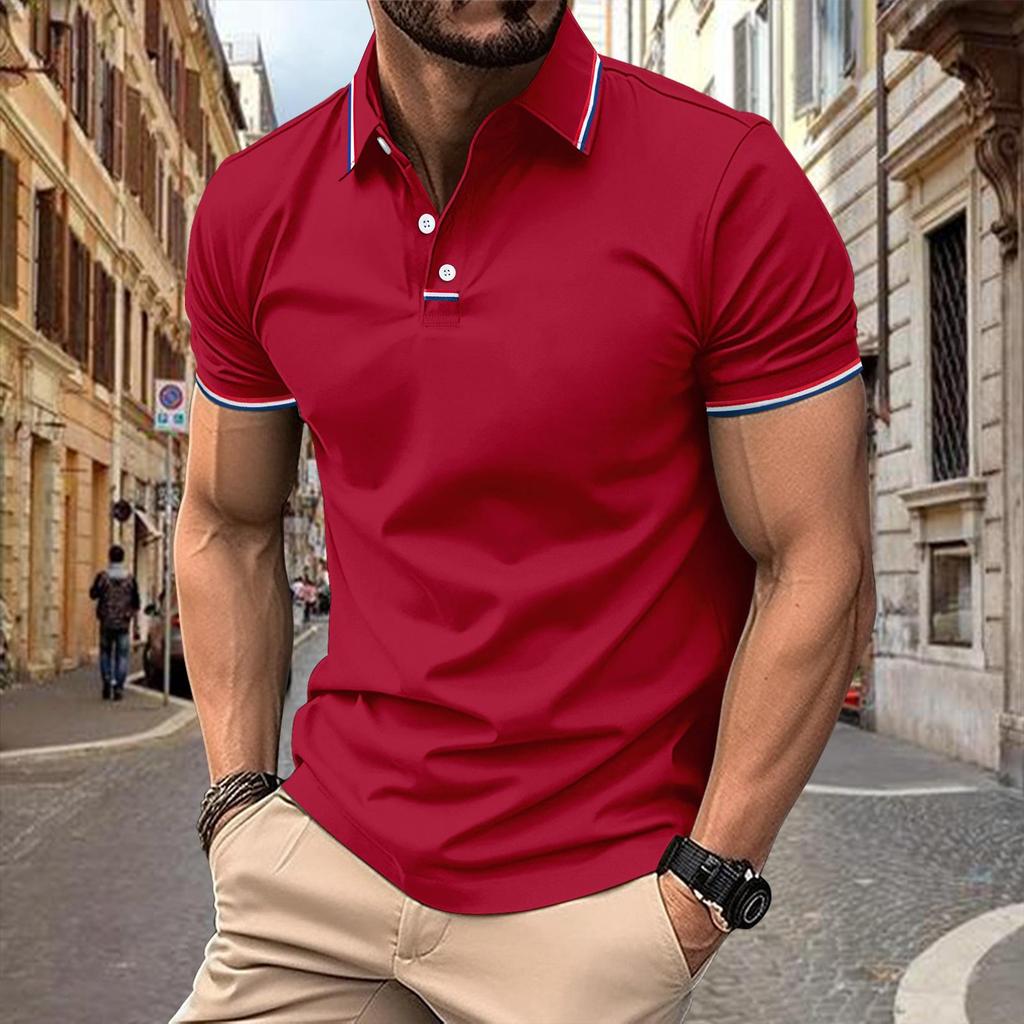 New Men's Casual POLO Shirt Lapel Collage Pull Stripes Button Business Solid Colour T-shirt Tops