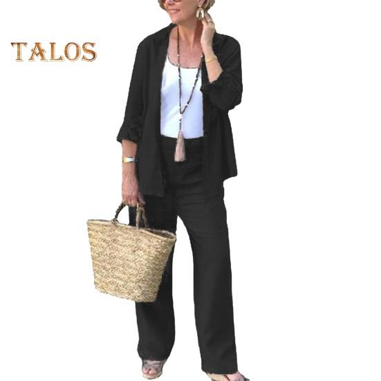 

2 шт./комплект женский повседневный наряд лацкан длинный рукав застежка на пуговицы рубашка высокая талия прямые широкие длинные брюки комплект повседневная одежда 2XL