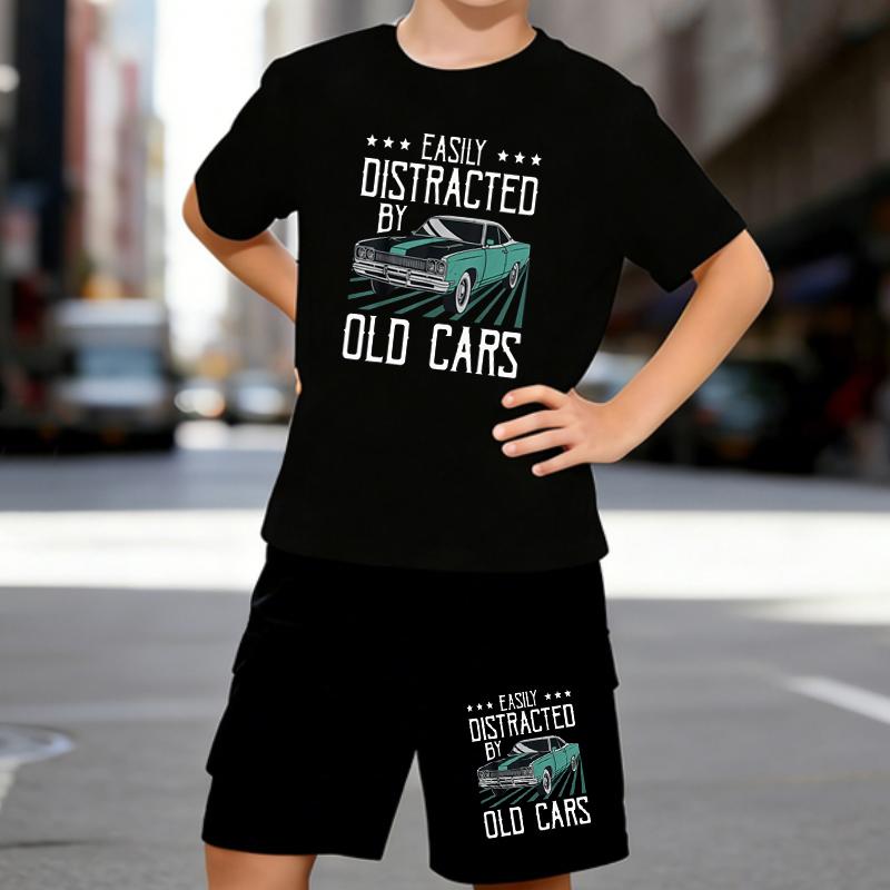

Boys 2 Piece Vintage Car Printed Outfit, Short Sleeve T-Shirt and Shorts Set for Kids Age 5-14,White Sporty Casual Summer Clothes 5-6 Years чёрный