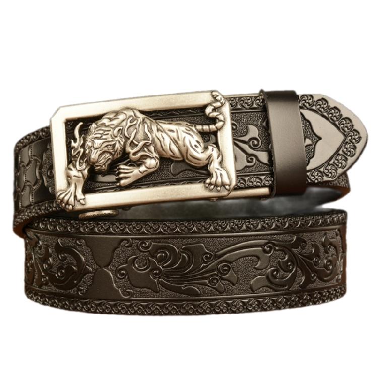 Classical Men Leather Belt with Convenient Automatic Buckle and Carved Beast Buckle Chinese Beast Head