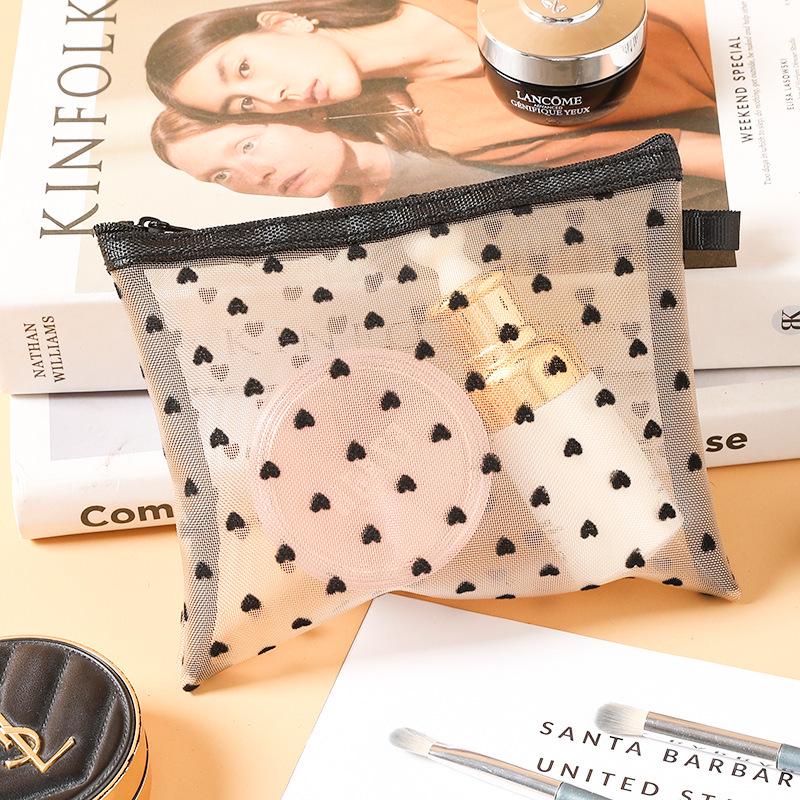Internet Celebrity Hot Item: Flocked Gauze Love Heart Travel Cosmetic Bag Set