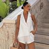 European and American Commuter White Suit Collar Halter Tank Set, Women's 1116 Summer Design Top and Shorts Two-piece Set