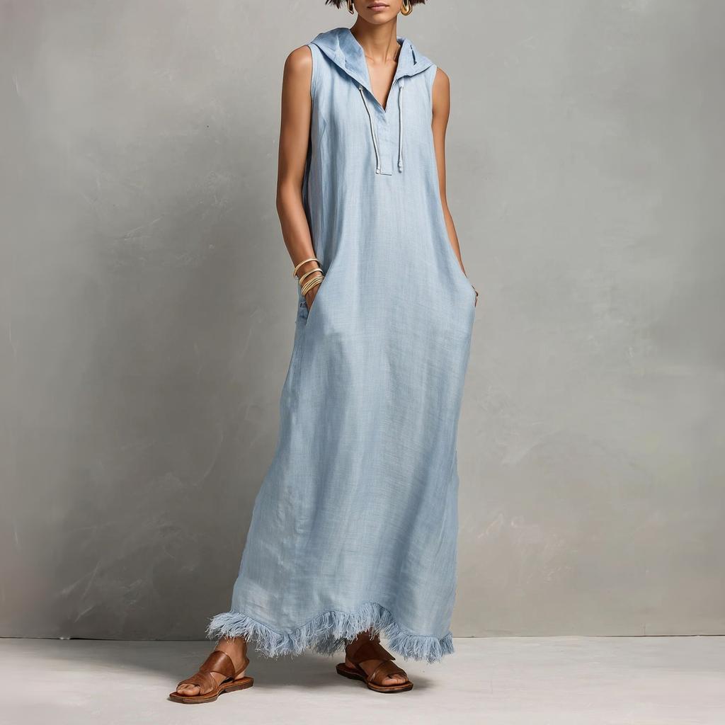 Sleeveless Hooded Maxi Dress with Fringe Hem Casual Long Dress Lightweight Loose Fit Summer Dress for Women