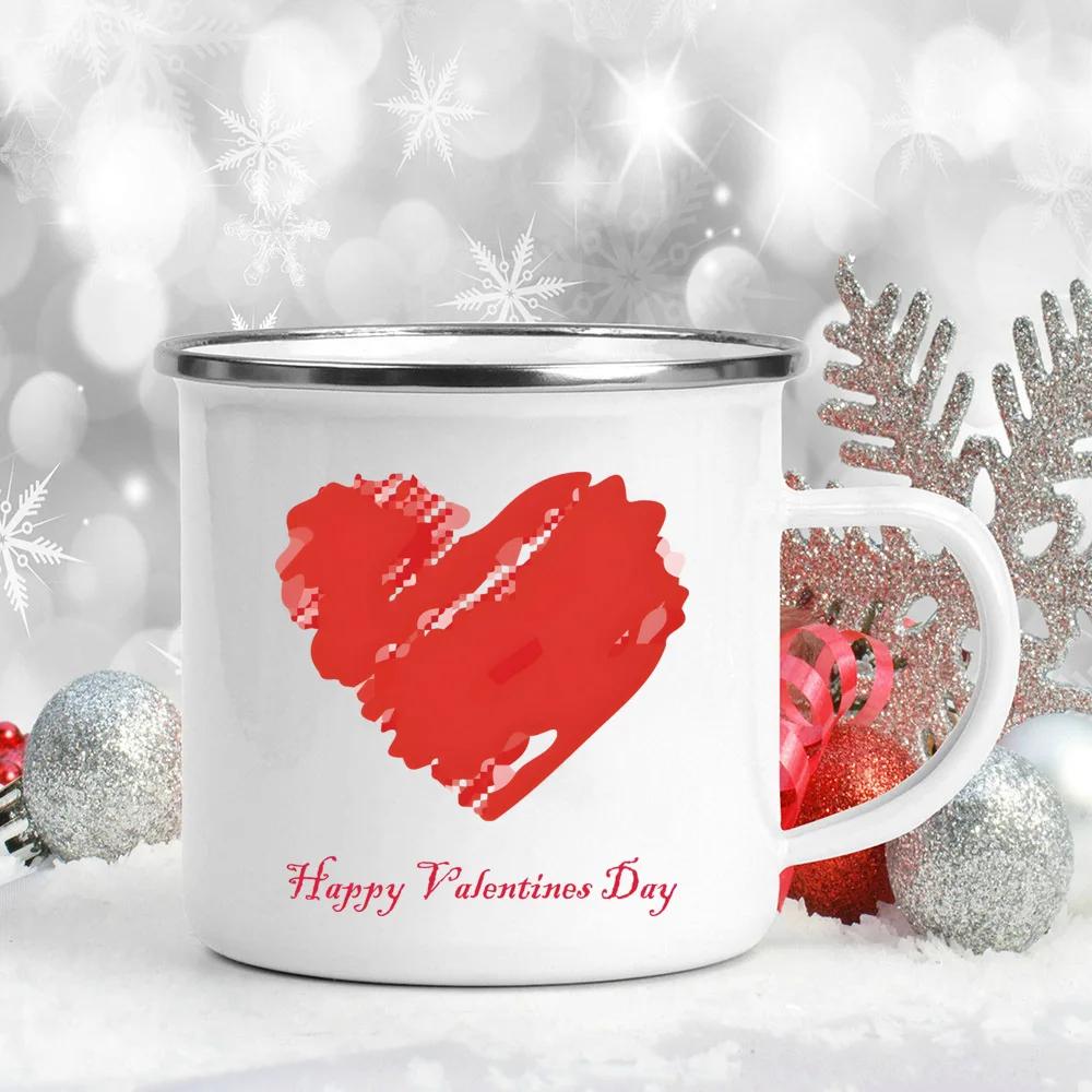 Love Heart Printed Camping Mug Valentine Party Juice Milk Cup Coffee Cups Enamel Mugs Valentine's Day Gifts for Family Friends