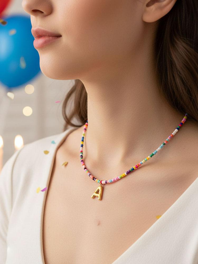 Colored Initial Necklaces Handmade Gold Letter Pendant Reusable Exquisite Beach Bohemian Necklace for 6-18 Year Old Girl