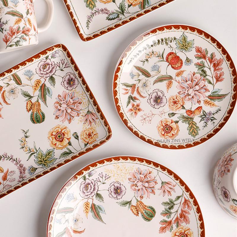 French Ceramic Plates Exquisite Flower Pattern Steak Cake Dishes Household Fruit Plates Household Noodle Bowls Ceramic Tableware