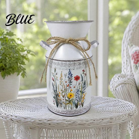 Indoor Decorative Flower Pot Vintage Iron Bucket Rustic White Double-Handle Metal Vase with Floral Print & Jute Handmade Hemp Rope Bow Farmhouse