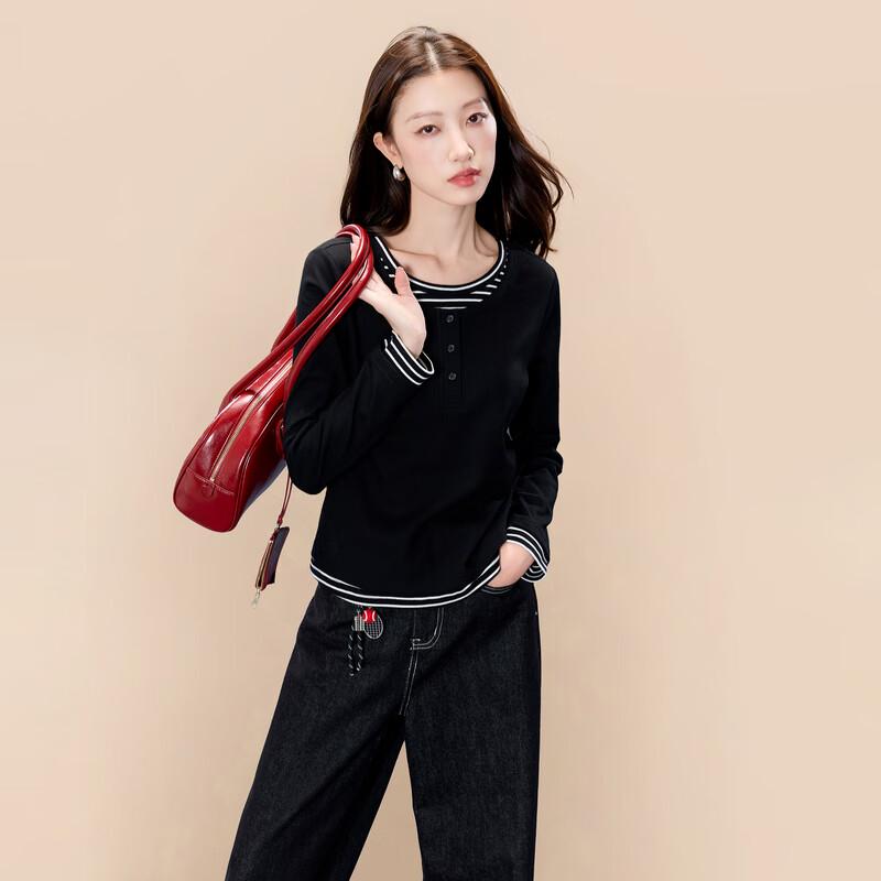 

Sancai Women s Plus Size Faux Two-Piece Striped Long Sleeve Ribbed T-Shirt M (160/88B)