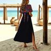 Women Fashion Round Neck Cashew Nut Clan Style Printed Short Sleeve Side Slit Dress Casual Vacation Dress Long Loose Dress